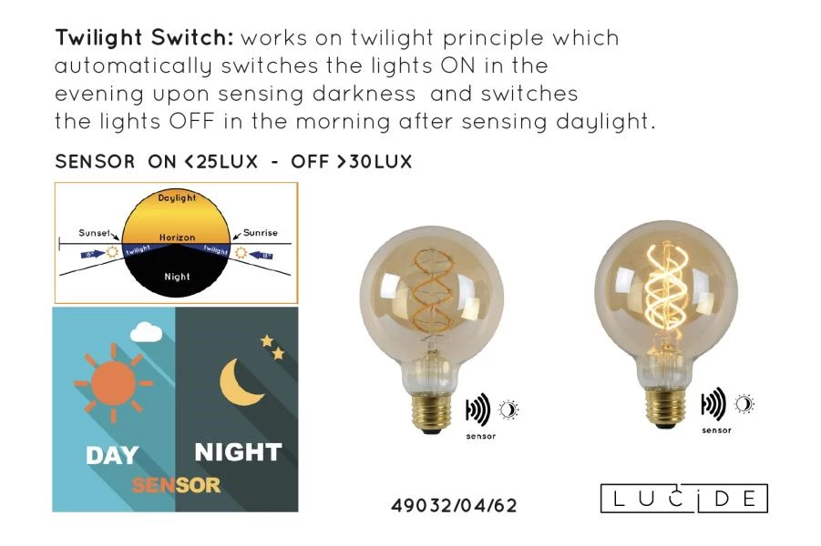 Lucide G95 TWILIGHT SENSOR - Ampoule filament - Ø 9,5 cm - LED - E27 - 1x4W 2200K - Détecteur Jour/Nuit - Ambre - DETAIL 9